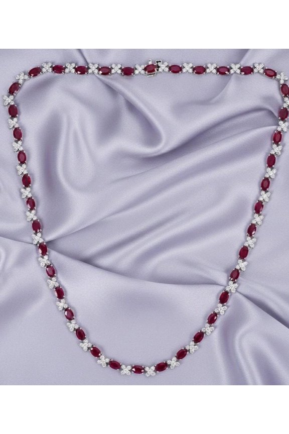 12.00 Ct Oval Cut Red Ruby Floral Womens Tennis Necklace 14K White Gold Plated