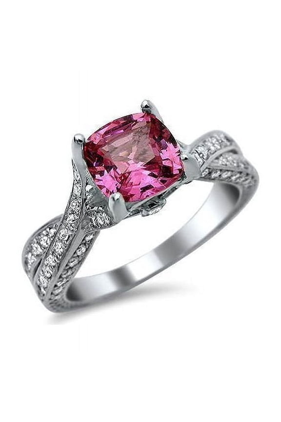 14K White Gold Plated 2.40 Ct Cushion Cut Pink Sapphire & Diamond Wedding Engagement Thanksgiving Christmas Halo Ring 925 Sterling Silver For Women's -6.5