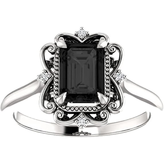 Dreamofdazzles Jewels 14K White Gold Plated 2.50 Ct Emerald Cut Black Diamond Wedding Engagement Thanksgiving Christmas Vintage Halo Ring 925 Sterling Silver For Women's -6