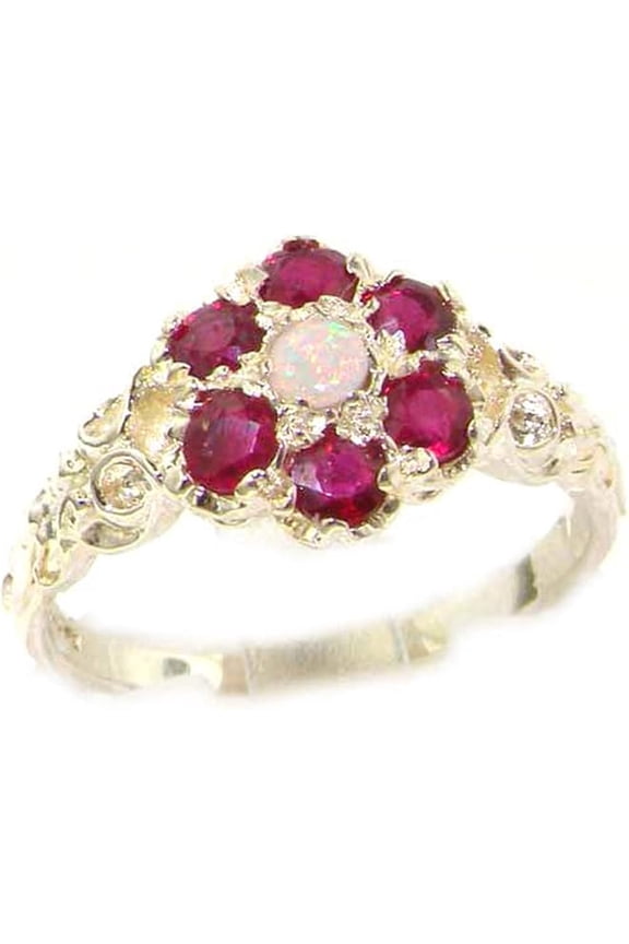 14K Yellow Gold Plated 925 Sterling Silver 2.00 Ct Round Cut Ruby & Opal Engagement Wedding Christmas Thanksgiving Band Ring For Women's -10