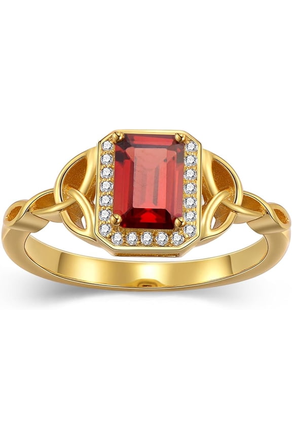 14K Yellow Gold Plated 925 Sterling Silver 2.50 Ct Emerald Cut Red Garnet Engagement Wedding Christmas Thanksgiving Halo Ring For Women's -8