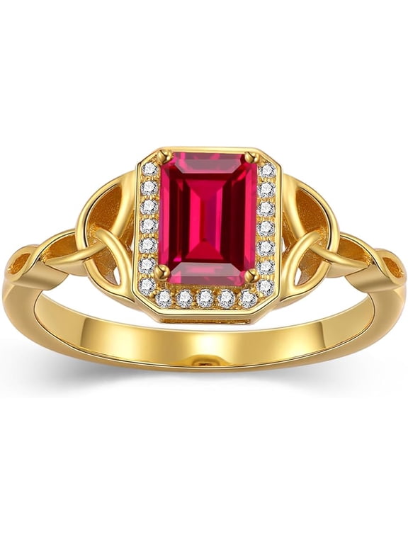 14K Yellow Gold Plated 925 Sterling Silver 2.50 Ct Emerald Cut Red Ruby Engagement Wedding Christmas Thanksgiving Halo Ring For Women's -9