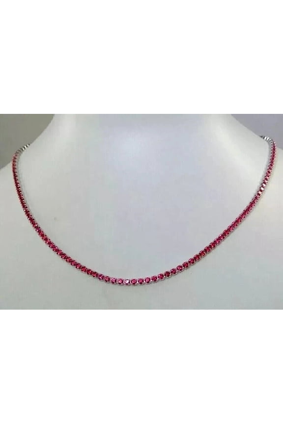 15.00 Ct Round Cut Red Ruby Womens Tennis Necklace 14K White Gold Plated
