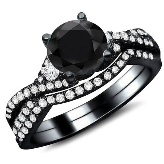 Dreamofdazzles Jewels 2.00 Ct Round Cut Black Diamond Wedding Engagement Thanksgiving Christmas Bridal Ring Set 14K Black Gold Plated 925 Sterling Silver For Women's -7.5