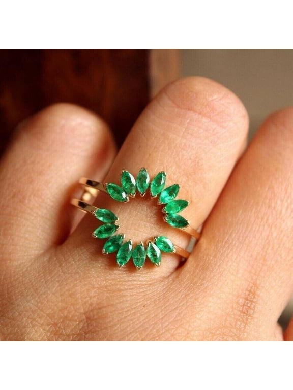 2.00 Ctw Marquise Cut Green Emerald Enhancer Guard Wrap Ring 14K Yellow Gold Plated 925 Sterling Silver -6.5