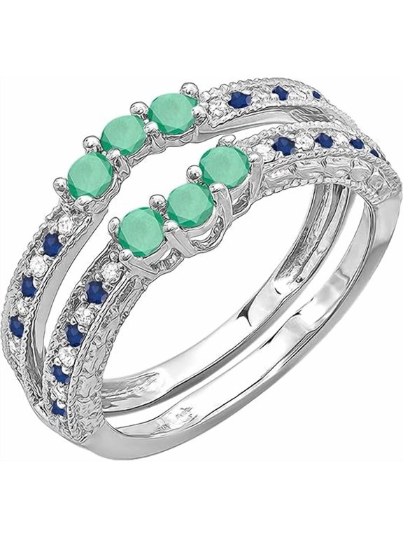 2.00 Ctw Round Cut Emerald & Blue Sapphire & Diamond Womens Wedding Enhancer Double Ring 14K White Gold Plated 925 Sterling Silver 925 Sterling Silver - 6