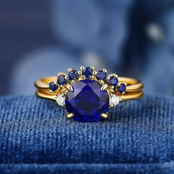 Dreamofdazzles Jewels 2.00 Ctw Round Cut Sapphire & Diamond Wedding Anniversary Engagement Bridal Set Ring 14K Yellow Gold Plated 925 Sterling Silver 925 Sterling Silver -9.5