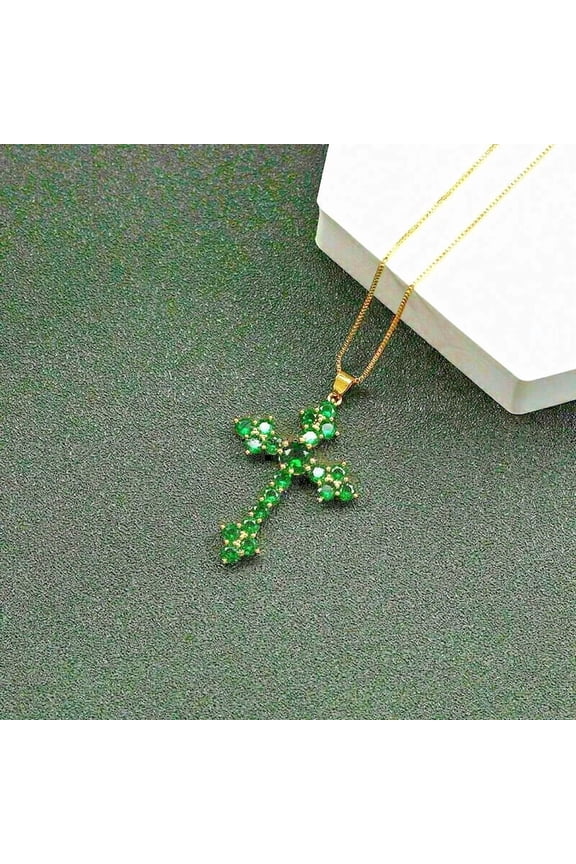 2.10 Ct Round Cut Green Emerald Womens Cross Pendant 14K Yellow Gold Plated 925 Sterling Silver