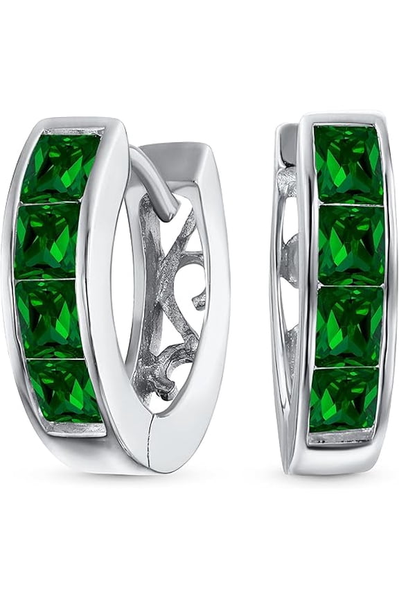 2.10 Ctw Princess Cut Green Emerald Womens Hoop Earrings 14K White Gold Plated 925 Sterling Silver