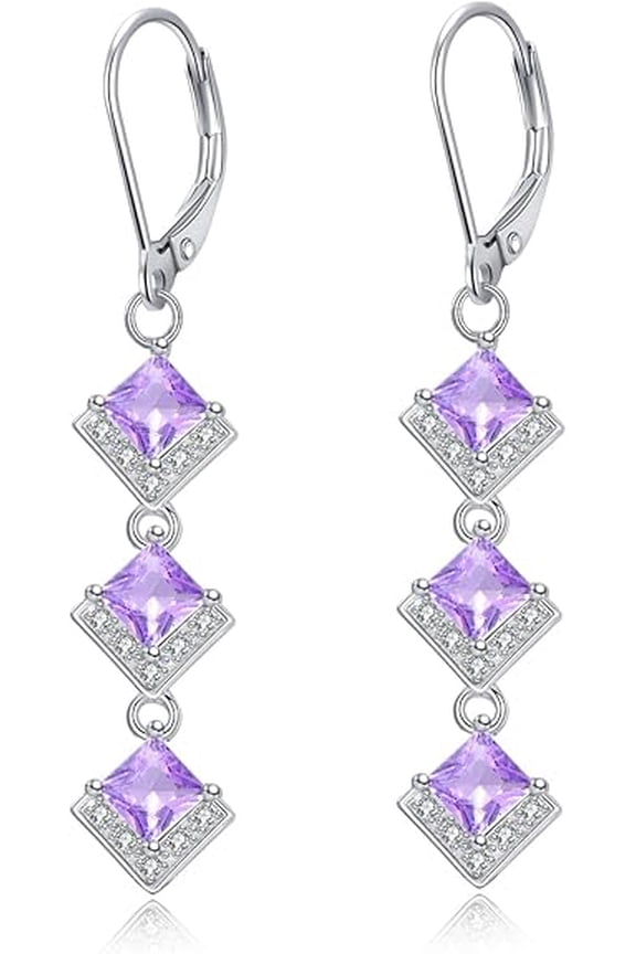 2.10 Ctw Princess Cut Purple Amethyst Womens Drop Earrings 14K White Gold Plated 925 Sterling Silver
