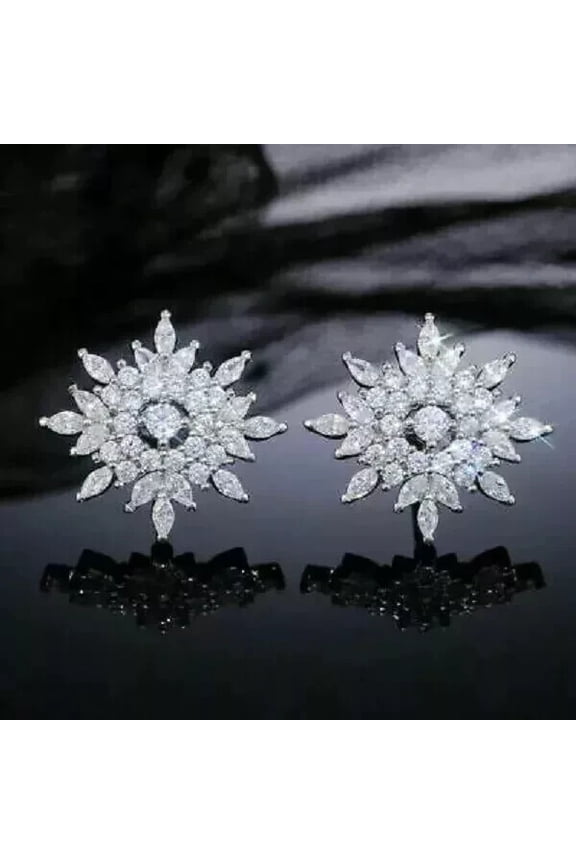 2.10 Ctw Round Cut Diamond Snowflake Womens Stud Earrings 14K White Gold Plated 925 Sterling Silver