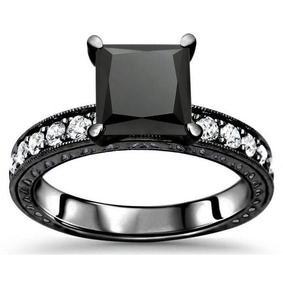Dreamofdazzles Jewels 2.10Ct Princess Cut Black Diamond Engagement Wedding Band Ring 14K Black Gold Plated 925 Sterling Silver For Women's -5