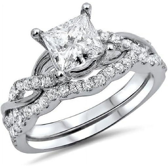 Dreamofdazzles Jewels 2.40 Ct Princess Cut White Diamond Engagement Wedding Thanksgiving Christmas Bridal Ring Set 14K White Gold Plated 925 Sterling Silver For Women's -7