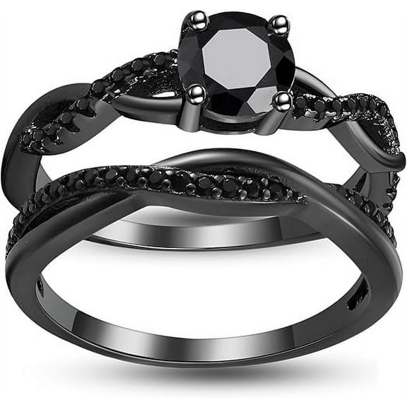 Dreamofdazzles Jewels 2.40 Ct Round Cut Black Diamond Wedding Engagement Thanksgiving Christmas Bridal Ring Set 14K Black Gold Plated 925 Sterling Silver For Women's -6.5