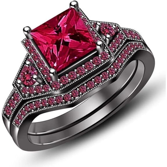 Dreamofdazzles Jewels 2.45 Ct Princess Cut Pink Sapphire Wedding Engagement Thanksgiving Christmas Bridal Ring Set 14K Black Gold Plated 925 Sterling Silver For Women's -7