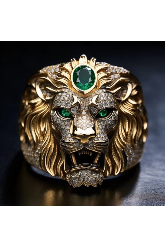 5.00 Ctw Round Cut Emerald & Diamond Signet Ring With Lion King Head Sculpture Band Mens Ring 14K Yellow Gold Plated 925 Sterling Silver 925 Sterling Silver -10