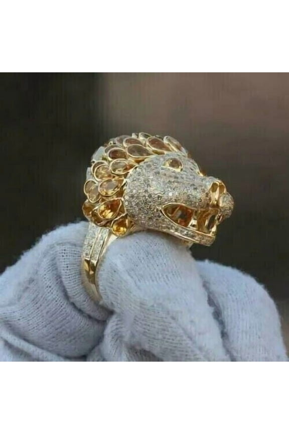 5.00 Ctw Round Cut White Diamond Wedding Anniversary Engagement Lion Hip Hop Band Mens Ring 14K Yellow Gold Plated 925 Sterling Silver 925 Sterling Silver -5