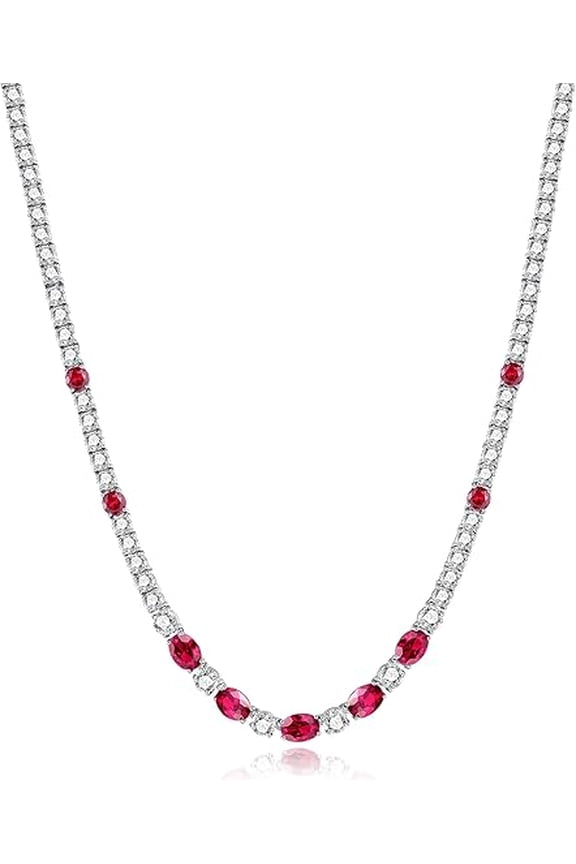 6 * 8mm Oval Cut Red Ruby Womens Tennis Necklace 14K White Gold Plated