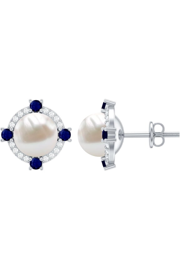 7mm Round Cut Simulated Pearl Womens Stud Earrings 14K White Gold Plated 925 Sterling Silver
