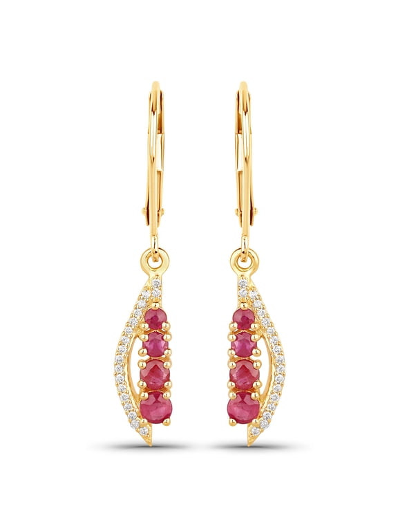 925 Sterling Silver 1.10 Ct Round Cut Ruby & Diamond Drop Earring's 14K Yellow Gold Plated For Women's