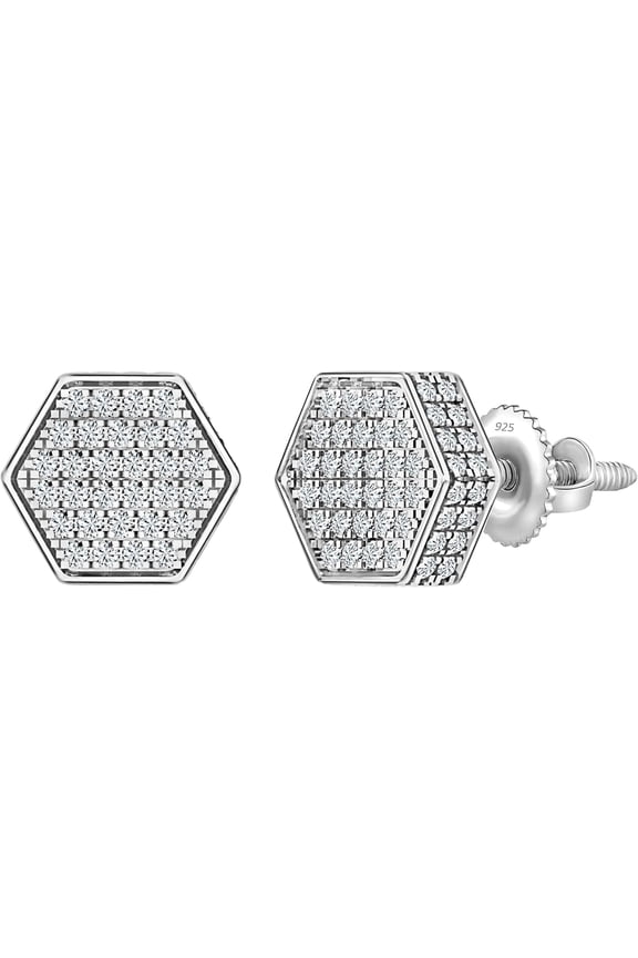 925 Sterling Silver 1.30 Ct Round Cut White Diamond Hexagon Men's Cluster Stud Earring's 14K White Gold Plated