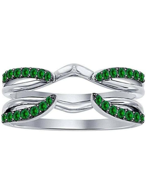 925 Sterling Silver 1.98 Ct Round Cut Green Emerald Engagement Thanksgiving Christmas Enhancer Wrap Guard Ring 14K White Gold Plated For Women's -5
