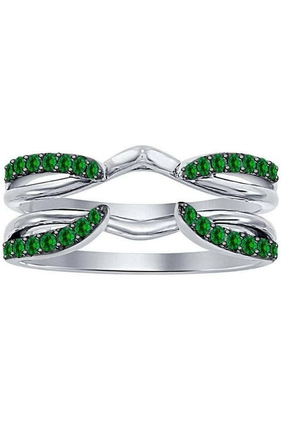 925 Sterling Silver 1.98 Ct Round Cut Green Emerald Engagement Thanksgiving Christmas Enhancer Wrap Guard Ring 14K White Gold Plated For Women's -8