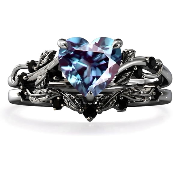 Dreamofdazzles Jewels 925 Sterling Silver 2.00 Ct Heart Cut Alexandrite & Black Diamond Wedding Valentine's Anniversary Christmas Bridal Ring Set 14K Black Gold Plated For Women's -7.5