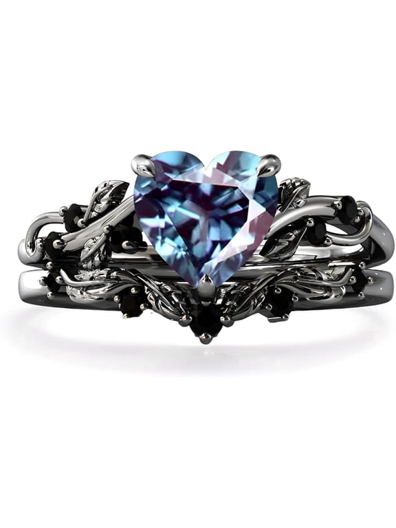 925 Sterling Silver 2.00 Ct Heart Cut Alexandrite & Black Diamond Wedding Valentine's Anniversary Christmas Bridal Ring Set 14K Black Gold Plated For Women's -4.5