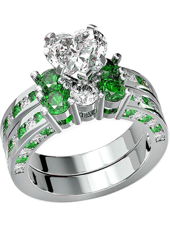 925 Sterling Silver 2.00 Ct Heart Cut Emerald & Diamond Wedding Engagement Thanksgiving Christmas Bridal Ring Set 14K White Gold Plated For Women's -8