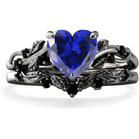 Dreamofdazzles Jewels 925 Sterling Silver 2.00 Ct Heart Cut Sapphire & Black Diamond Wedding Valentine's Anniversary Christmas Bridal Ring Set 14K Black Gold Plated For Women's -6.5