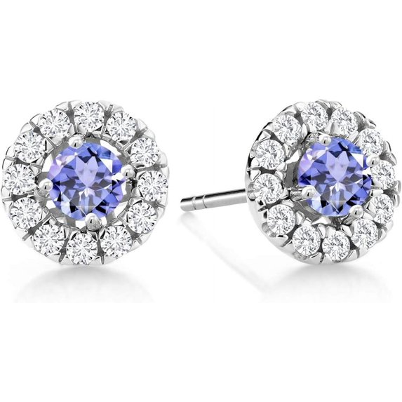 Dreamofdazzles Jewels 925 Sterling Silver 2.13 Ct Round Cut Tanzanite & Diamond Cluster Wedding Engagament Stud Earring's 14K White Gold Plated For Women's