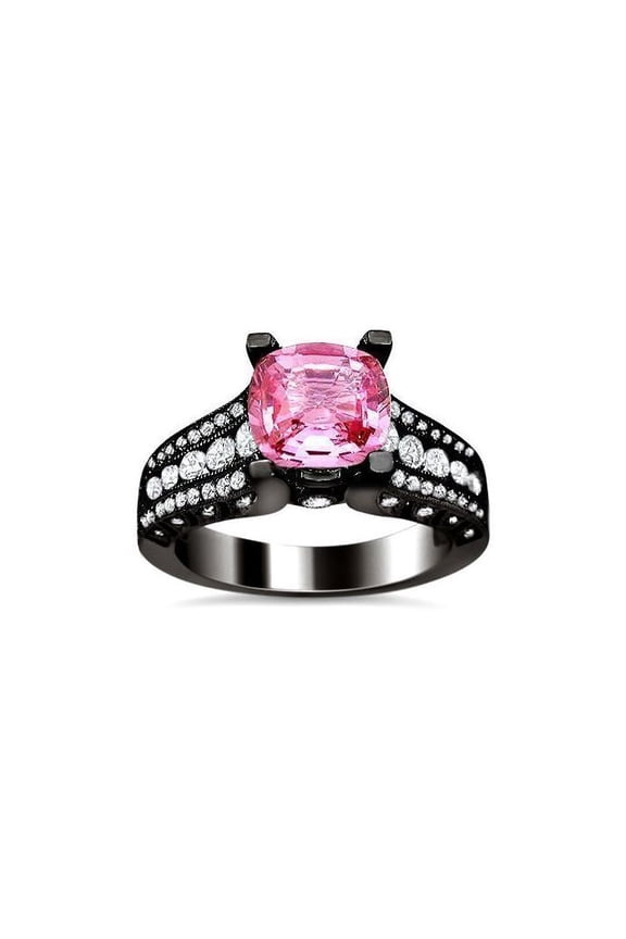 925 Sterling Silver 2.30 Ct Cushion Cut Pink Sapphire Engagement Wedding Christmas Thanksgiving Halo Ring 14K Black Gold Plated For Women's -9.5
