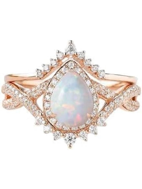925 Sterling Silver 2.50 Ct Pear Cut Fire Opal Wedding Engagement Thanksgiving Christmas Bridal Ring Set 14K Rose Gold Plated For Women's -5.5