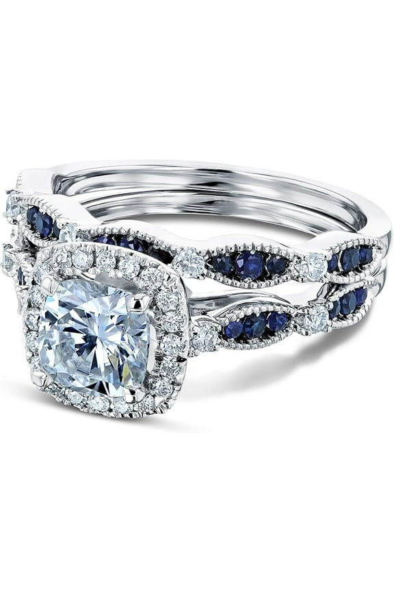 925 Sterling Silver 3.00 Ct Cushion Cut Aquamarine & Diamond Blue Sapphire Wedding Engagement Bridal Ring Set 14K White Gold Plated For Women's -6