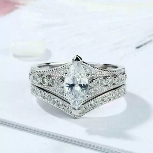 Dreamofdazzles Jewels 925 Sterling Silver 3.00 Ct Marquise Cut White Diamond Wedding Engagement Christmas Bridal Ring Set 14K White Gold Plated For Women's -5