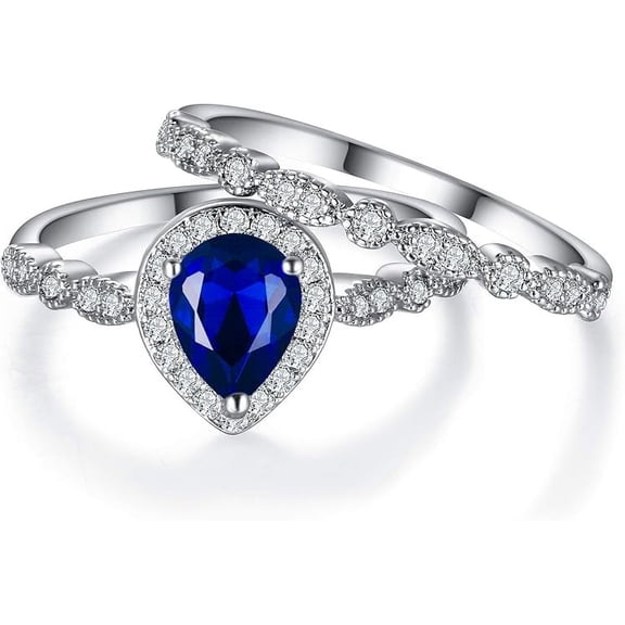 Dreamofdazzles Jewels 925 Sterling Silver 3.00 Ct Pear Cut Blue Sapphire & Diamond Wedding Engagement Christmas Bridal Ring Set 14K White Gold Plated For Women's -5.5