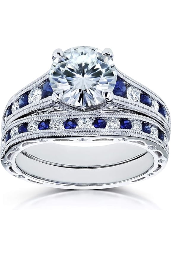 925 Sterling Silver 3.00 Ct Round Cut Diamond & Blue Sapphire Wedding Engagement Bridal Ring Set 14K White Gold Plated For Women's -9