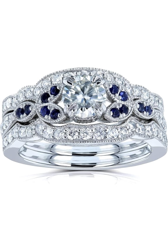 925 Sterling Silver 3.40 Ct Round Cut Diamond & Blue Sapphire Wedding Engagement Bridal Ring Set 14K White Gold Plated For Women's -5.5