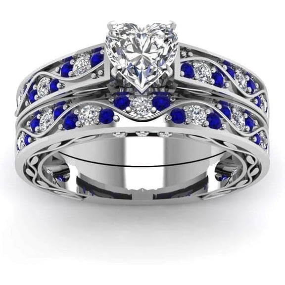 Dreamofdazzles Jewels 925 Sterling Silver 3.50 Ct Heart Cut Sapphire & Diamond Wedding Engagement Thanksgiving Christmas Bridal Ring Set 14K White Gold Plated For Women's -6.5
