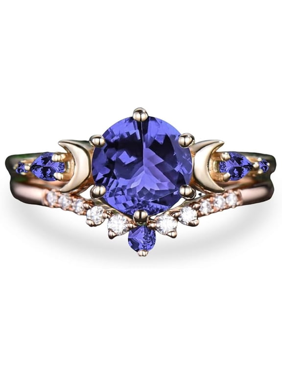 925 Sterling Silver Celestial Womens Bridal Ring, Blue Tanzanite Round Moon, 14K Yellow Gold Plated-10