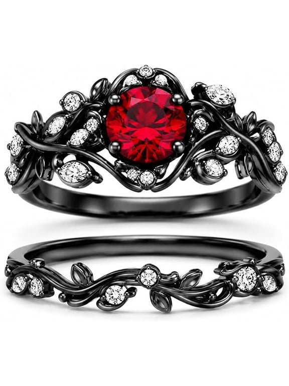 Ruby Red Round Cut Engagement Ring Set for Women, 925 Sterling Silver Black Gold Plated Leaf Vine Bridal Set-4