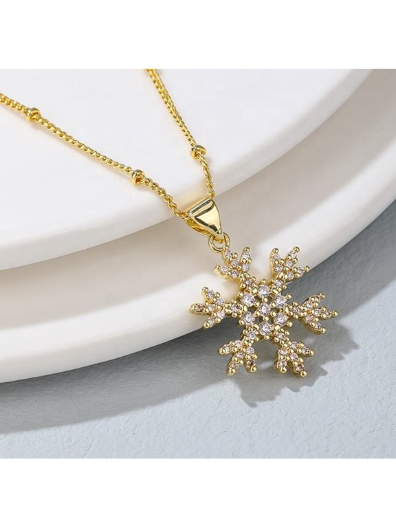 Snowflake Necklace for Women, 14K Gold Plated 925 Sterling Silver Round Cut Diamond Cz