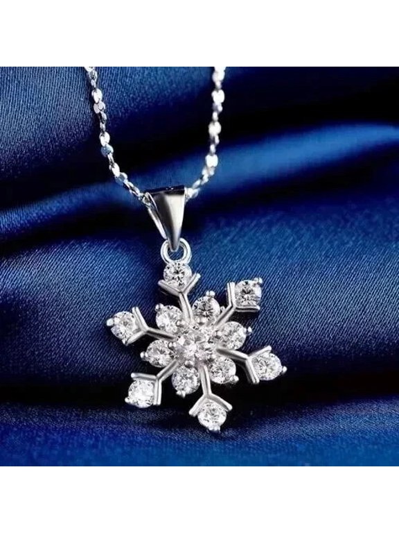 Snowflake Necklace for Women, 925 Sterling Silver Round Cut Diamond Cz Cluster Pendant 14K White Gold Plated