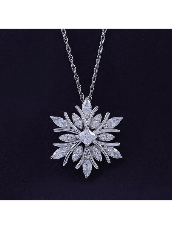 Snowflake Pendant Necklace for Women, 925 Sterling Silver, Princess Cut Diamond Cz Cluster 14K White Gold Plated