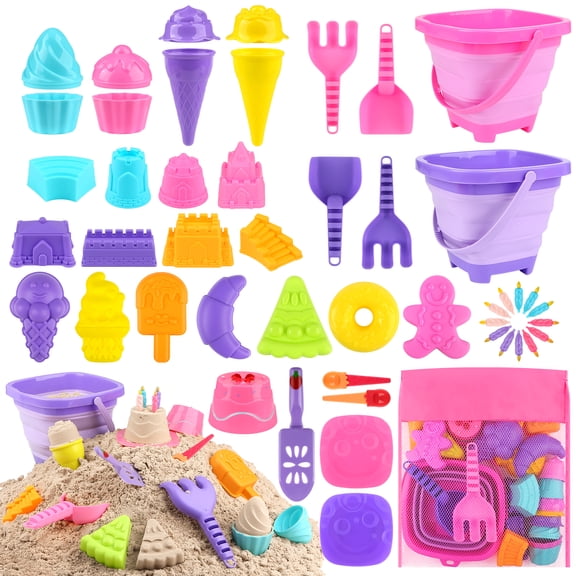 Dreamon Collapsible Beach Toys Set for Kids 3-10, Collapsible Sand Bucket with Beach Molds and Mesh Bag, 2 Pack Shovels Set Ice Cream Sand Toys for Beach, Sandbox Travel Toys for Kids Toddlers Girls