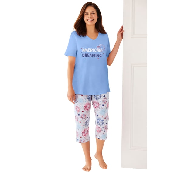 Dreams & Co. Plus Size 2-Piece Capri Cotton PJ Set