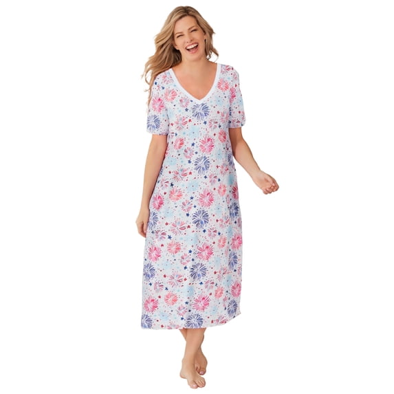 Dreams & Co. Plus Size V-Neck Short Sleeve Midi Cotton Sleep Shirt