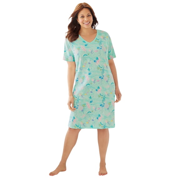 Dreams & Co. Plus Size V-Neck Short Sleeve Knee-Length Cotton Sleepshirt
