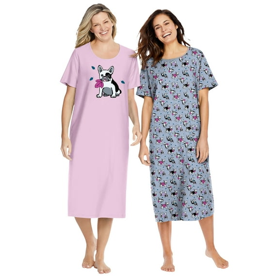 Dreams & Co. Women's Plus Size 2-Pack Long Sleepshirts Nightgown - 3X/4X, Heather Grey French Bull Dog Gray